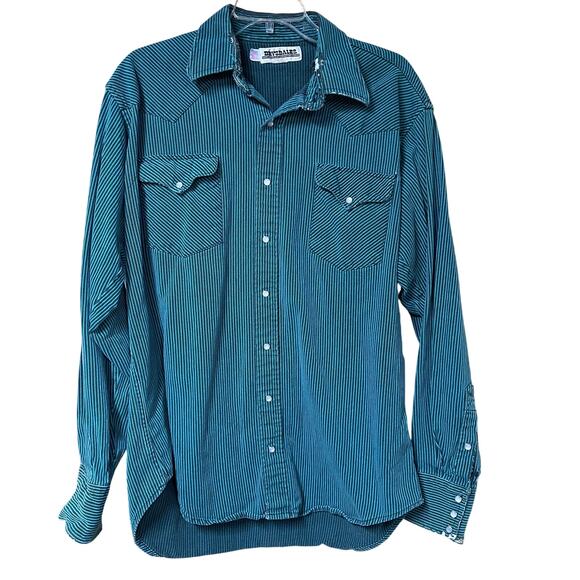 💚 Drysdales Teal Stripe Pearl Snap Western Shirt – Size L - Picture 1 of 10